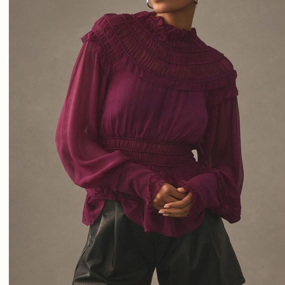 FARM RIO Burgundy Ruffle High Neck Blouse NWOT S - Picture 12 of 15